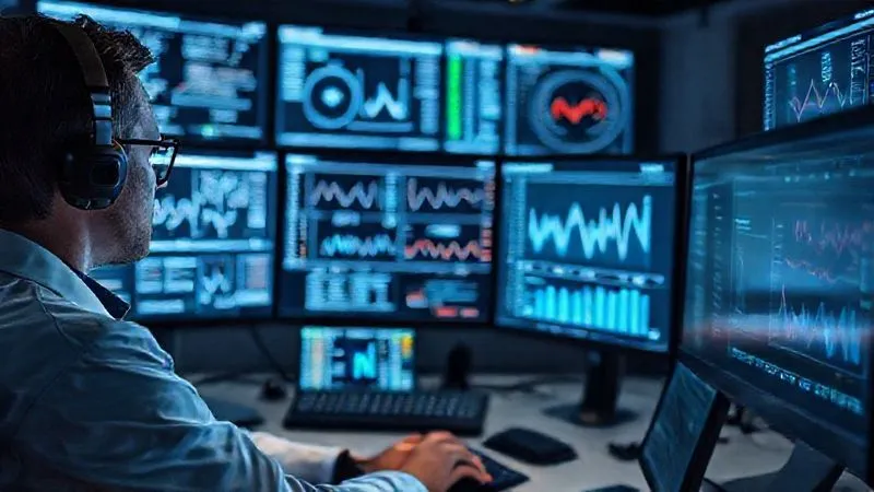 A photorealistic image of a data scientist working on multiple screens displaying complex predictive models, graphs, and skill gap visualizations, in a dimly lit, high-tech control room setting. Professional photography, 8K, cinematic lighting, sharp focus, depth of field. A photorealistic image of a data scientist working on multiple screens displaying complex predictive models, graphs, and skill gap visualizations, in a dimly lit, high-tech control room setting. Professional photography, 8K, cinematic lighting, sharp focus, depth of field.