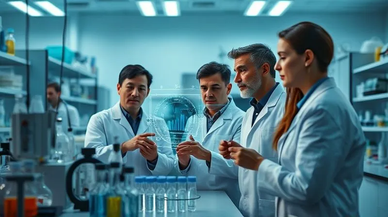 A photorealistic, professional photography of a diverse group of scientists in a modern, brightly lit research laboratory, intently discussing data projected onto a holographic screen. Test tubes and advanced equipment are visible in the background, cinematic lighting, sharp focus on the scientists, depth of field blurring the lab, 8K hyper-detailed, shot on a high-end DSLR. A photorealistic, professional photography of a diverse group of scientists in a modern, brightly lit research laboratory, intently discussing data projected onto a holographic screen. Test tubes and advanced equipment are visible in the background, cinematic lighting, sharp focus on the scientists, depth of field blurring the lab, 8K hyper-detailed, shot on a high-end DSLR.