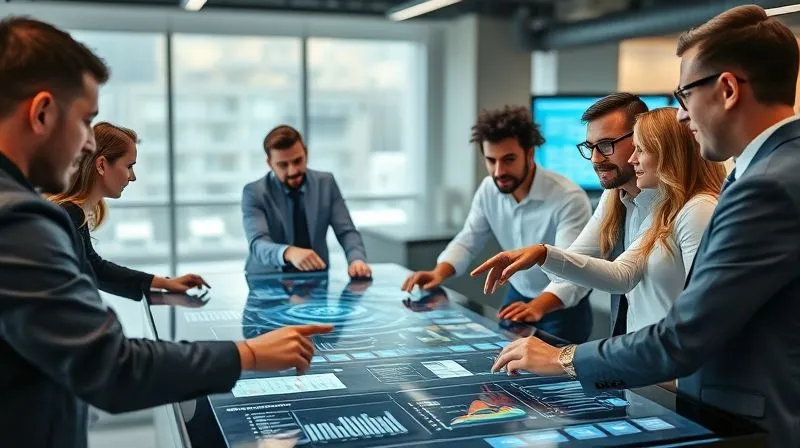 A photorealistic, professional photography of a diverse team of professionals (men and women of various ethnicities) collaborating around a large interactive digital table, displaying complex data visualizations and futuristic designs. They are actively pointing, discussing, and brainstorming with energetic expressions, cinematic lighting, sharp focus on the team, depth of field blurring the background, 8K hyper-detailed, shot on a high-end DSLR. A photorealistic, professional photography of a diverse team of professionals (men and women of various ethnicities) collaborating around a large interactive digital table, displaying complex data visualizations and futuristic designs. They are actively pointing, discussing, and brainstorming with energetic expressions, cinematic lighting, sharp focus on the team, depth of field blurring the background, 8K hyper-detailed, shot on a high-end DSLR.