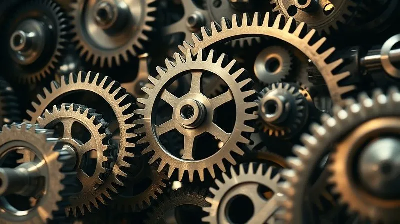 A photorealistic, professional photography of a complex, interconnected system of gears and cogs, constantly turning and evolving, with light rays highlighting the dynamic movement. The gears are made of polished metal, sharp focus on the intricate mechanics, depth of field blurring the background, 8K hyper-detailed, cinematic lighting, shot on a high-end DSLR. A photorealistic, professional photography of a complex, interconnected system of gears and cogs, constantly turning and evolving, with light rays highlighting the dynamic movement. The gears are made of polished metal, sharp focus on the intricate mechanics, depth of field blurring the background, 8K hyper-detailed, cinematic lighting, shot on a high-end DSLR.