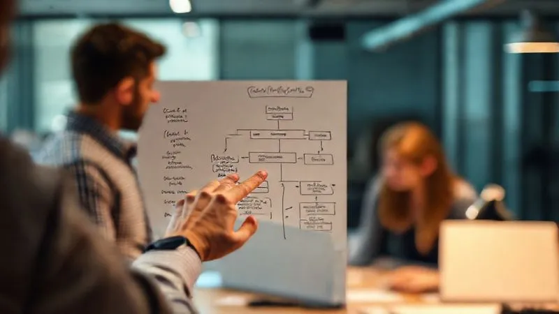 photorealistic, professional photography, 8K, cinematic lighting, sharp focus, depth of field, shot on a high-end DSLR, a detailed flowchart on a whiteboard, with hands pointing to a bottleneck, surrounded by blurred office workers in the background, conveying process analysis and problem-solving.