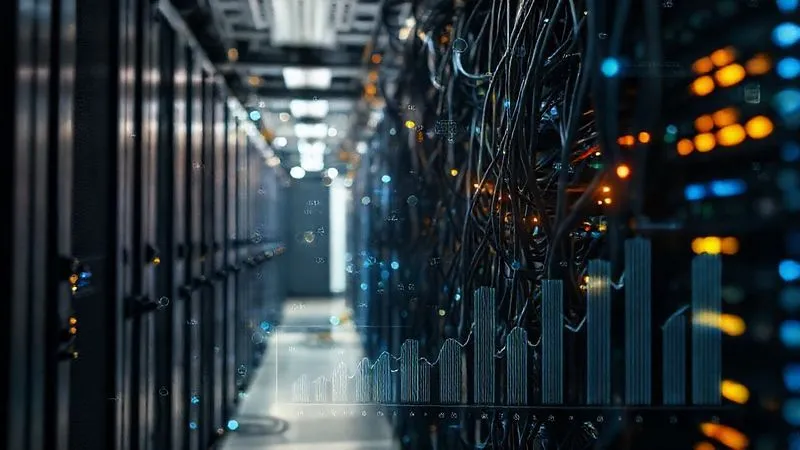 photorealistic, professional photography, 8K, cinematic lighting, sharp focus, depth of field, shot on a high-end DSLR, a complex server rack with glowing lights and tangled cables, symbolizing technology infrastructure, overlaid with digital data points and cost analysis charts, conveying the complexity of managing tech overheads.