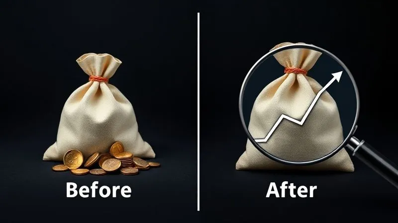 A photorealistic infographic depicting a before-and-after scenario of a business's profit margin. The 'Before' side shows a leaking money bag with coins falling out, and a downward trend line. The 'After' side shows a securely tied money bag and an upward, stable trend line, with a magnifying glass clearly highlighting the difference. Professional photography, 8K, cinematic lighting, sharp focus, depth of field, shot on a high-end DSLR. A photorealistic infographic depicting a before-and-after scenario of a business's profit margin. The 'Before' side shows a leaking money bag with coins falling out, and a downward trend line. The 'After' side shows a securely tied money bag and an upward, stable trend line, with a magnifying glass clearly highlighting the difference. Professional photography, 8K, cinematic lighting, sharp focus, depth of field, shot on a high-end DSLR.