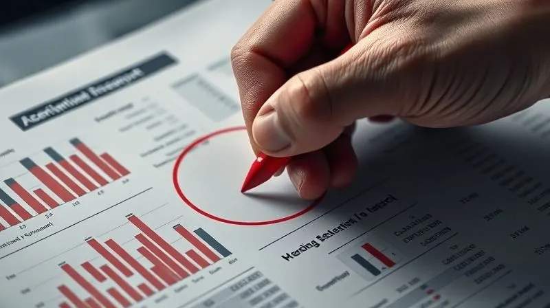 A photorealistic close-up of a hand using a red pen to circle an anomaly on a complex financial report, emphasizing the hidden nature of the red flag. Cinematic lighting, sharp focus on the anomaly, 8K hyper-detailed.