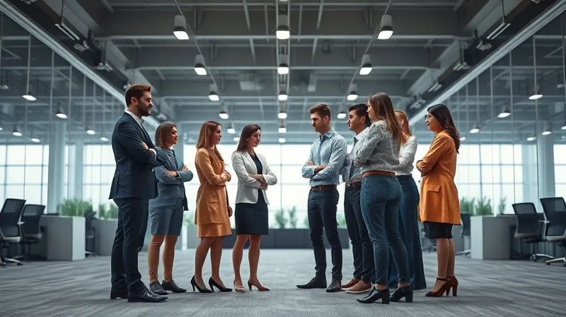 A photorealistic image depicting two distinct groups of business people, one in formal attire and another in more casual, creative clothing, standing awkwardly apart in a large, modern office space. There's a subtle visual tension, indicating a cultural divide. Cinematic lighting, sharp focus, 8K hyper-detailed.