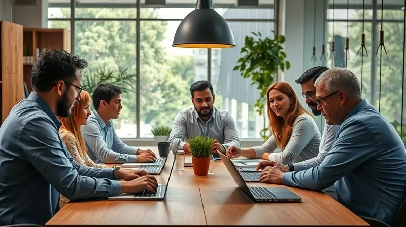 A photorealistic image of a diverse group of employees collaborating around a large table, with subtle visual cues of sustainable office practices (e.g., recycled materials, natural light). The scene should convey a sense of ethical business operations and positive social impact. Cinematic lighting, sharp focus, 8K hyper-detailed.