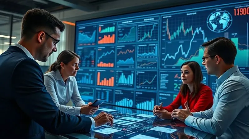 A photorealistic image of a diverse team of M&A specialists (financial analysts, legal experts, tech professionals) collaborating around a large digital display showing complex data visualizations and charts. The atmosphere is focused and analytical, with cinematic lighting and sharp focus on the team's interaction. 8K hyper-detailed.