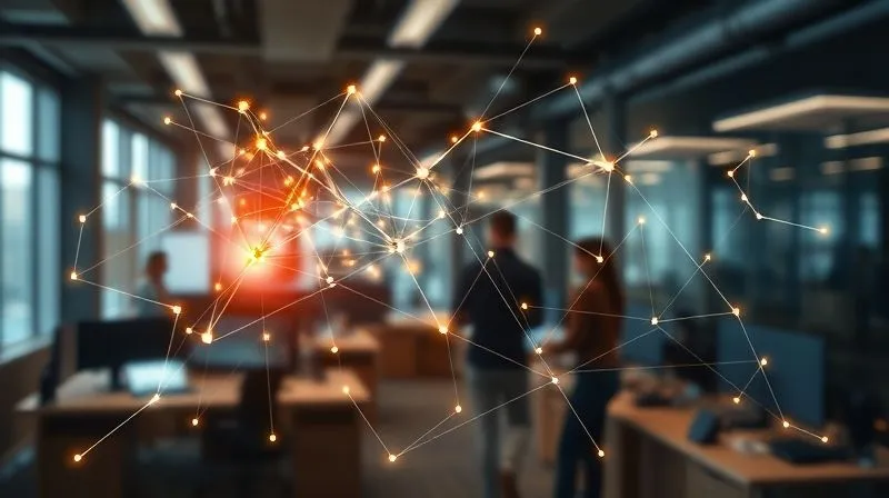 photorealistic, professional photography, 8K, cinematic lighting, sharp focus, depth of field, shot on a high-end DSLR, a luminous, interconnected network of data points and lines forming a complex, abstract web, overlaid on a blurred background of a bustling corporate office, symbolizing the hidden connections and insights within vast datasets, with a warm, inviting glow emanating from the data.