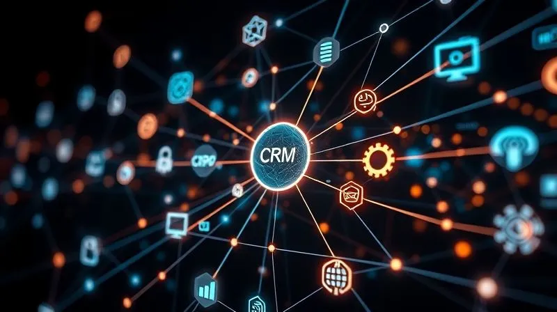photorealistic, professional photography, 8K, cinematic lighting, sharp focus, depth of field, shot on a high-end DSLR, a complex, abstract network of glowing lines connecting various digital data icons (CRM, ERP, E-commerce, Marketing Automation) to a central, luminous core, symbolizing successful data integration and a unified view, against a dark, futuristic background, conveying seamless flow and connectivity.