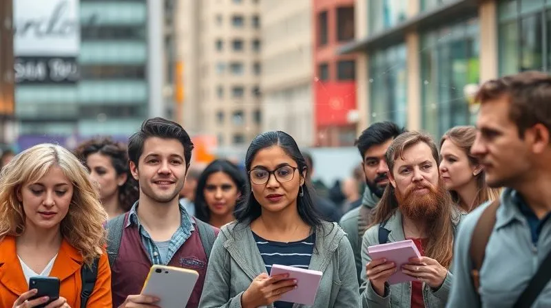A photorealistic image of a diverse group of people engaged in various activities in a vibrant urban setting, their faces expressing different emotions and intentions. Overlaid subtly are data points and thought bubbles representing psychographic insights. Professional photography, 8K, cinematic lighting, sharp focus on the individuals, depth of field blurring the background buildings, shot on a high-end DSLR.