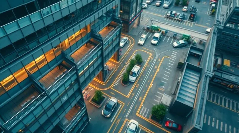 A photorealistic image from an aerial perspective, showing a commercial building with intricate, almost hidden, delivery routes, parking areas, and public transport stops. Subtle visual cues highlight potential bottlenecks and efficiencies in the flow of goods and people. 8K, cinematic lighting, sharp focus on the operational flow, depth of field blurring the surrounding city, professional photography, shot on a high-end DSLR.