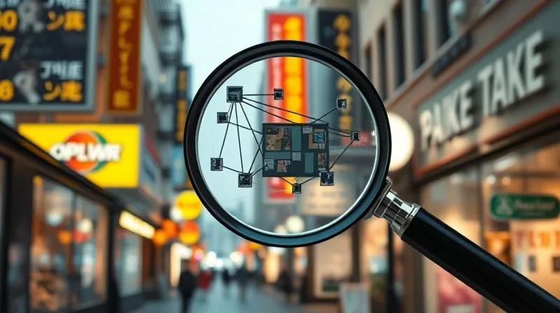 A photorealistic image of a bustling street scene with various storefronts, some brightly lit and prominent, others subtle and almost blending in. A magnifying glass hovers over a specific area, revealing hidden connections and competitive dynamics between the businesses. Professional photography, 8K, cinematic lighting, sharp focus on the competitive landscape, depth of field blurring the background, shot on a high-end DSLR.