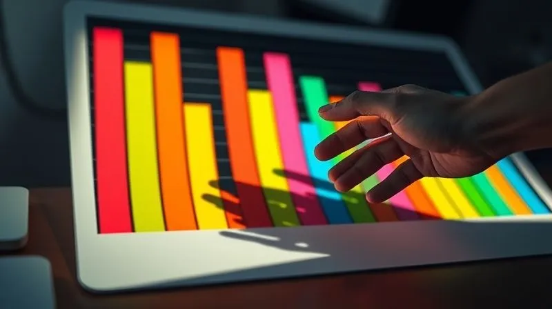 A photorealistic image of a complex, brightly colored bar chart that is subtly distorted, with exaggerated proportions or misleading scales, casting a long, confusing shadow on a desk. A human hand is reaching towards it as if to correct it. Cinematic lighting, sharp focus on the distorted chart, depth of field, 8K hyper-detailed, professional photography, shot on a high-end DSLR.