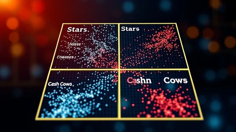 A photorealistic, professional photography, 8K, cinematic lighting, sharp focus, depth of field, shot on a high-end DSLR, of a glowing 2x2 matrix with data points clustered in each quadrant, labeled 'Stars', 'Challenges', 'Cash Cows', and 'Dogs', symbolizing segment prioritization based on profitability and acquisition cost. The 'Stars' quadrant is brightly lit. A photorealistic, professional photography, 8K, cinematic lighting, sharp focus, depth of field, shot on a high-end DSLR, of a glowing 2x2 matrix with data points clustered in each quadrant, labeled 'Stars', 'Challenges', 'Cash Cows', and 'Dogs', symbolizing segment prioritization based on profitability and acquisition cost. The 'Stars' quadrant is brightly lit.