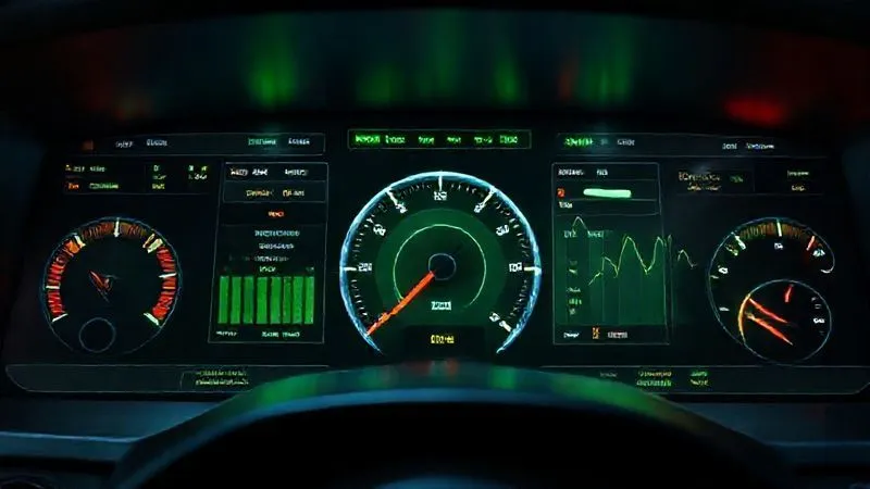 A photorealistic image of a dashboard displaying various key performance indicators (KPIs) with green and red gauges, indicating performance, cinematic lighting, sharp focus on the dashboard, 8K hyper-detailed, professional photography.