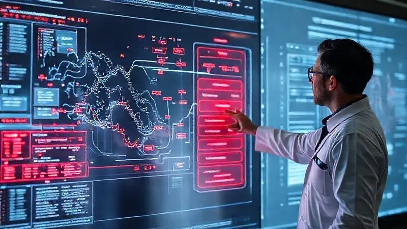 A photorealistic image of a complex data visualization showing process flow mapping, with bottlenecks highlighted in red, on a large transparent screen, a data scientist pointing at the screen, cinematic lighting, 8K hyper-detailed, professional photography.