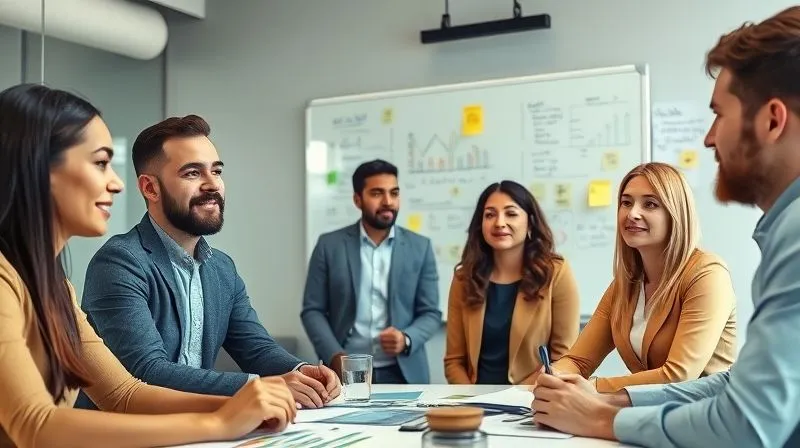 A photorealistic image of a diverse group of business professionals in a modern, collaborative office space, engaged in a focus group discussion, with a whiteboard behind them showing various data points and sticky notes. Soft, natural lighting, sharp focus on the participants' expressions, 8K hyper-detailed, professional photography.