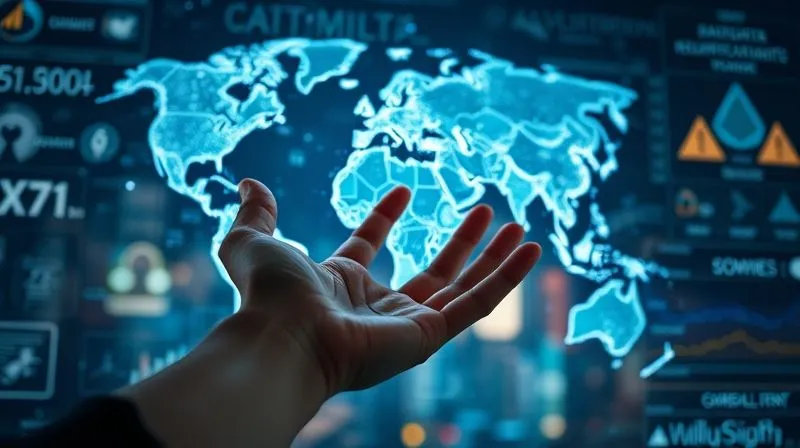 A photorealistic, professional photography, 8K, cinematic lighting, sharp focus, depth of field, shot on a high-end DSLR, depicting a complex, multi-layered data visualization on a transparent screen, showing interconnected global trends (political, economic, social, technological, environmental, legal), with faint lines of light connecting disparate data points. A hand reaches out as if to interact with the holographic display, symbolizing active sensemaking and foresight. A photorealistic, professional photography, 8K, cinematic lighting, sharp focus, depth of field, shot on a high-end DSLR, depicting a complex, multi-layered data visualization on a transparent screen, showing interconnected global trends (political, economic, social, technological, environmental, legal), with faint lines of light connecting disparate data points. A hand reaches out as if to interact with the holographic display, symbolizing active sensemaking and foresight.