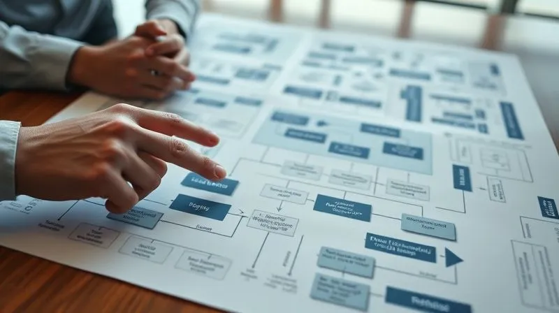 A photorealistic, professional photography, 8K, cinematic lighting, sharp focus, depth of field shot on a high-end DSLR, depicting a complex but clearly organized business process flowchart laid out on a table, with hands pointing to specific steps, emphasizing clarity and identification of bottlenecks.