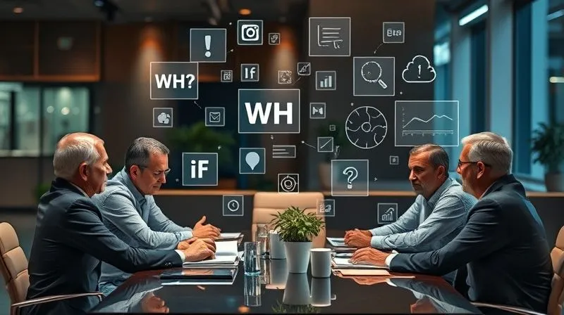 A photorealistic, professional photography, 8K, cinematic lighting, sharp focus, depth of field shot on a high-end DSLR, showing a small group of business owners or managers intensely discussing around a table, with abstract, futuristic holographic projections of various 'what if' scenarios floating above, symbolizing strategic foresight and contingency planning.