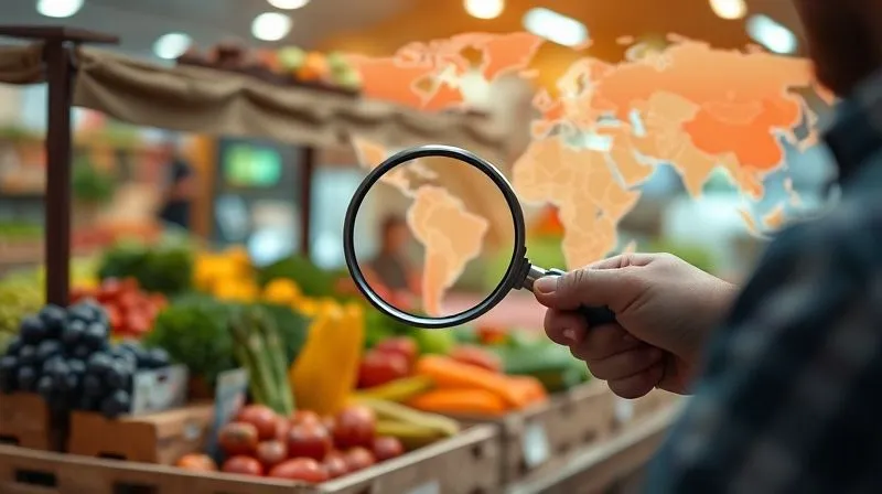 A photorealistic, professional photography, 8K, cinematic lighting, sharp focus, depth of field shot on a high-end DSLR, showing a small, vibrant organic produce stand being carefully inspected by a person with a magnifying glass, while in the background, a blurred image of a global supply chain map is visible, symbolizing meticulous internal review amidst external market dynamics.