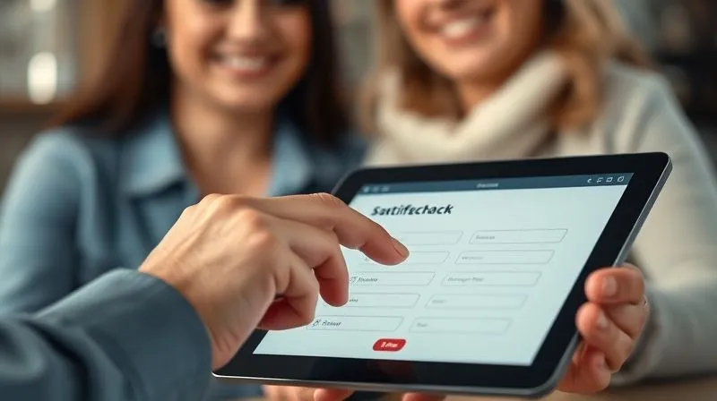 A photorealistic image of a feedback survey form on a tablet screen, with a hand gently tapping a satisfaction rating. The background is a soft, blurred image of a happy customer, conveying a sense of listening and responsiveness. Professional photography, 8K, cinematic lighting, sharp focus, depth of field.