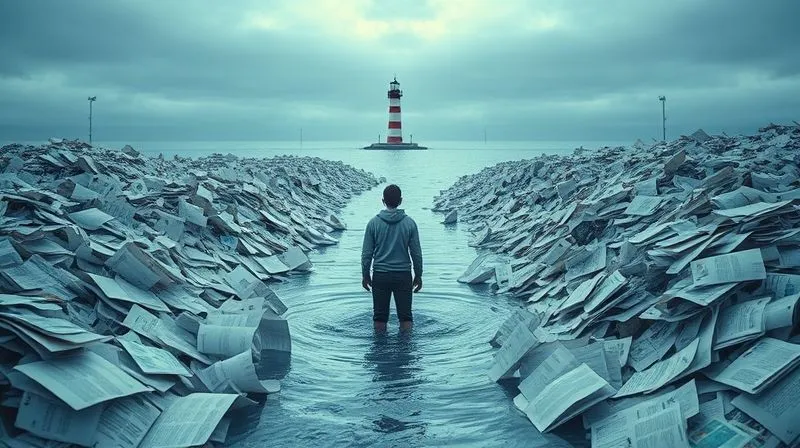 A photorealistic image of a person standing knee-deep in a chaotic, swirling river of papers and digital screens, looking up towards a distant, calm horizon with a lighthouse. Cinematic lighting, sharp focus on the person, depth of field blurring the foreground and background chaos, 8K hyper-detailed, professional photography, shot on a high-end DSLR.