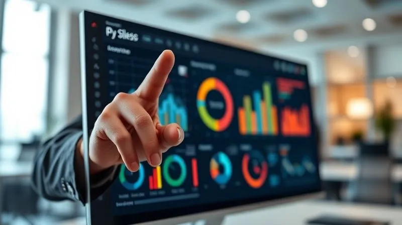 A photorealistic image of a sleek, modern dashboard displaying key performance indicators (KPIs) with an executive's hand gesturing towards a specific strategic insight. The background is a slightly blurred, dynamic office environment. Cinematic lighting, sharp focus on the dashboard and hand, depth of field, 8K hyper-detailed, professional photography, shot on a high-end DSLR.