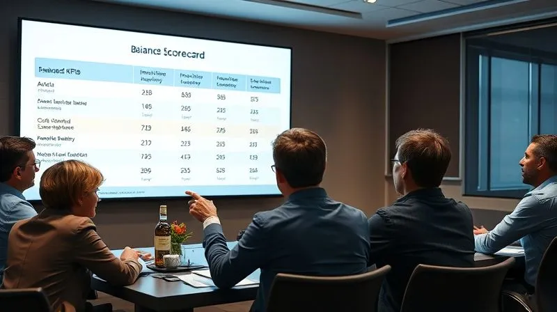 A photorealistic image of a leader at a meeting table, pointing to a large screen displaying a balanced scorecard with various strategic KPIs (innovation, market share, customer satisfaction). The team around the table is engaged and focused. Cinematic lighting, sharp focus on the screen and leader, depth of field, 8K hyper-detailed, professional photography, shot on a high-end DSLR.