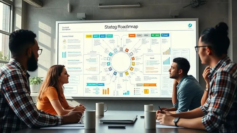 A photorealistic image of a diverse team collaborating around a large digital whiteboard displaying a complex strategic roadmap and brainstorming ideas. The atmosphere is energetic and innovative, with natural light streaming in. Cinematic lighting, sharp focus on the team and whiteboard, depth of field, 8K hyper-detailed, professional photography, shot on a high-end DSLR.