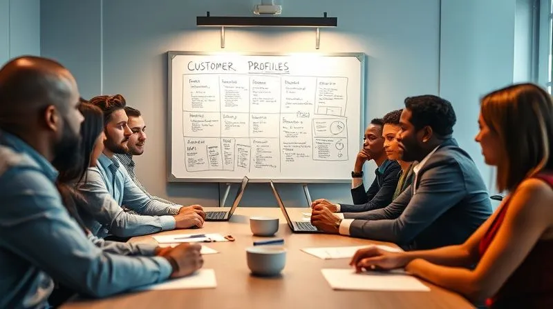 A photorealistic, professional image of a diverse group of business professionals sitting around a conference table, intently discussing a whiteboard filled with customer profiles and market segments. The atmosphere is collaborative and focused, with cinematic lighting highlighting their expressions of strategic thought, 8K, sharp focus, depth of field.