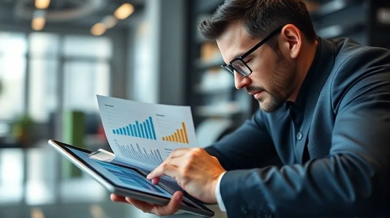 A photorealistic, professional image of a sales professional methodically sorting through a stack of digital documents and graphs on a tablet, with a focused expression, representing precise lead qualification. A blurred background shows a modern office, cinematic lighting, 8K, sharp focus on the tablet screen, depth of field.