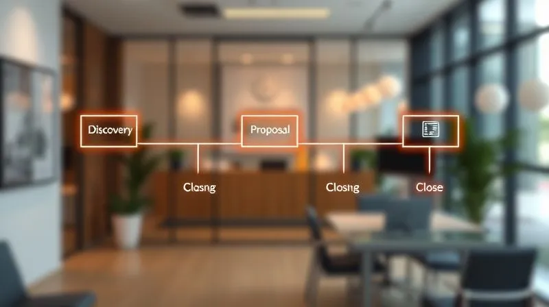 A photorealistic, professional image of a clean, minimalist flowchart with glowing arrows indicating a smooth, efficient sales process, overlaid on a blurred background of a modern office. The chart uses simple icons to represent stages like 'Discovery', 'Proposal', 'Close'. Cinematic lighting, 8K, sharp focus on the flowchart, depth of field.
