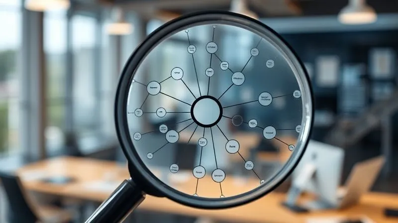A photorealistic image of a magnifying glass hovering over a complex network diagram, highlighting interconnected nodes representing various factors affecting project velocity, with a blurred office background. Professional photography, 8K, cinematic lighting, sharp focus on the diagram, depth of field, shot on a high-end DSLR.