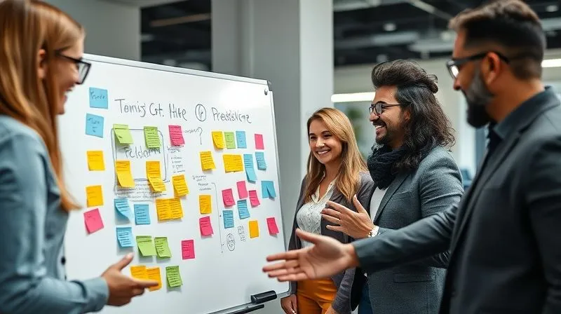 A photorealistic image of a diverse group of professionals actively engaged in a brainstorming session, using a whiteboard with colorful sticky notes and diagrams. They are smiling and gesturing, indicating lively discussion and collaboration, in a modern, brightly lit office. Professional photography, 8K, cinematic lighting, sharp focus on the interaction, depth of field, shot on a high-end DSLR.