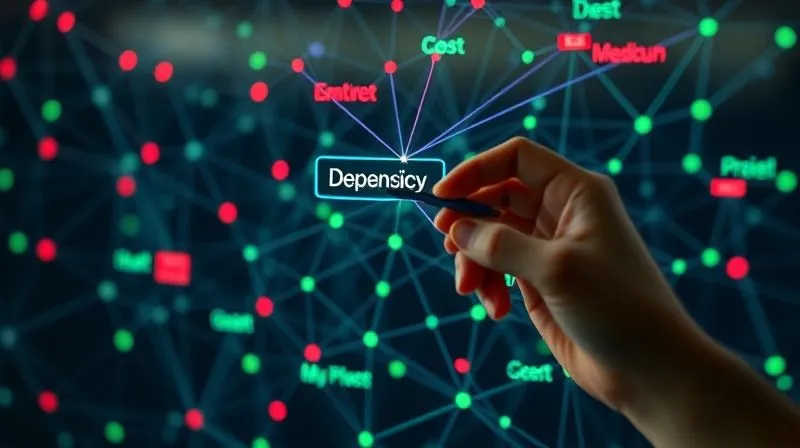A photorealistic image showing a complex web of interconnected nodes and lines, representing project dependencies. Some nodes are highlighted in red indicating critical path items, while others are green for completed. A hand with a stylus points to a specific dependency on a translucent screen. Professional photography, 8K, cinematic lighting, sharp focus on the screen, depth of field, shot on a high-end DSLR.