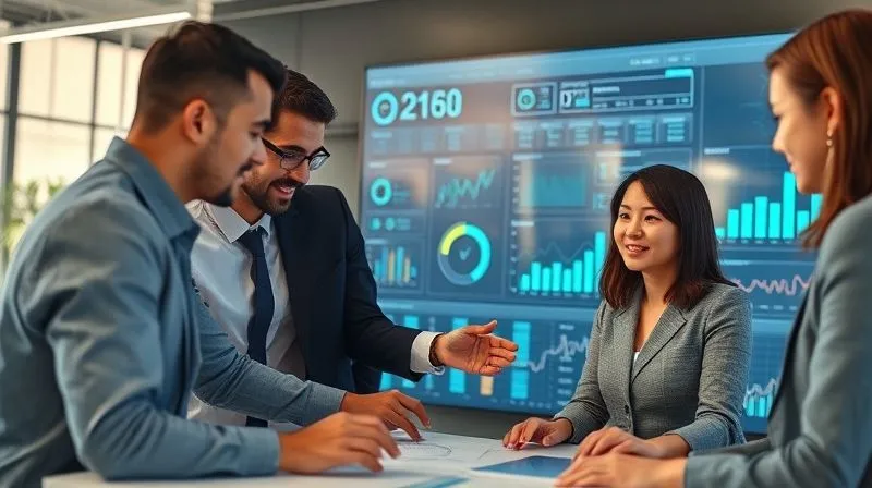 A photorealistic image of diverse business professionals from different departments (finance, sales, operations, marketing) gathered around a large interactive digital dashboard, collaborating and discussing financial data. Professional photography, 8K, cinematic lighting, sharp focus on their engaged faces, depth of field, shot on a high-end DSLR, conveying teamwork and shared understanding.
