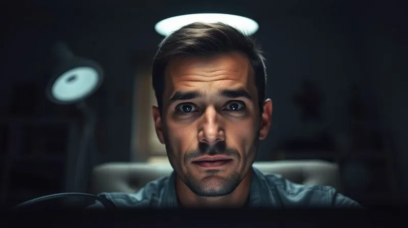 A photorealistic image of a person on a video call in a dimly lit home office, harsh overhead light casting deep shadows under their eyes and nose, creating an unflattering and unprofessional appearance. The background is dark and indistinct. Professional photography, 8K, cinematic lighting, sharp focus, depth of field, shot on a high-end DSLR.