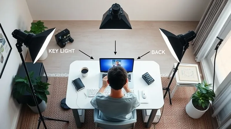 A photorealistic, professional photography, 8K, cinematic lighting, sharp focus, depth of field, shot on a high-end DSLR. An overhead diagram illustrating a three-point lighting setup for a home office video call. A person is seated at a desk with a webcam. Three distinct light sources (Key Light, Fill Light, Back Light) are clearly labeled and positioned around the person, with arrows showing the direction of light. The background is a clean, modern home office setting.