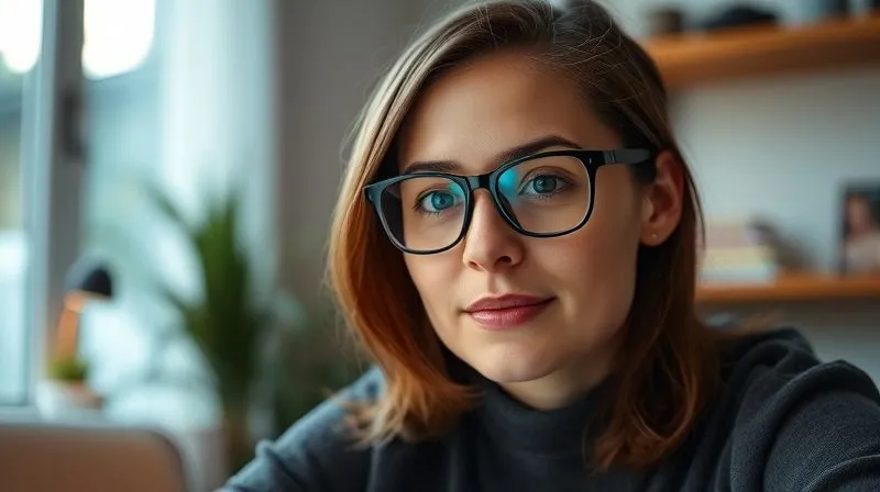 A photorealistic, professional photography, 8K, cinematic lighting, sharp focus, depth of field, shot on a high-end DSLR. A person wearing glasses is engaged in a video call. Their face is perfectly lit with soft, diffused light, and there is no distracting glare or reflection visible on their eyeglasses, showcasing effective lighting techniques for glasses wearers in a home office setting.
