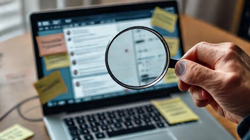 A photorealistic, professional photography, 8K, cinematic lighting, sharp focus, depth of field, shot on a high-end DSLR, close-up of a person's hand with a magnifying glass over a laptop screen displaying customer feedback comments and social media posts, surrounded by sticky notes with keywords and sentiment analysis, symbolizing deep data analysis and proactive listening, with a thoughtful expression. A photorealistic, professional photography, 8K, cinematic lighting, sharp focus, depth of field, shot on a high-end DSLR, close-up of a person's hand with a magnifying glass over a laptop screen displaying customer feedback comments and social media posts, surrounded by sticky notes with keywords and sentiment analysis, symbolizing deep data analysis and proactive listening, with a thoughtful expression.
