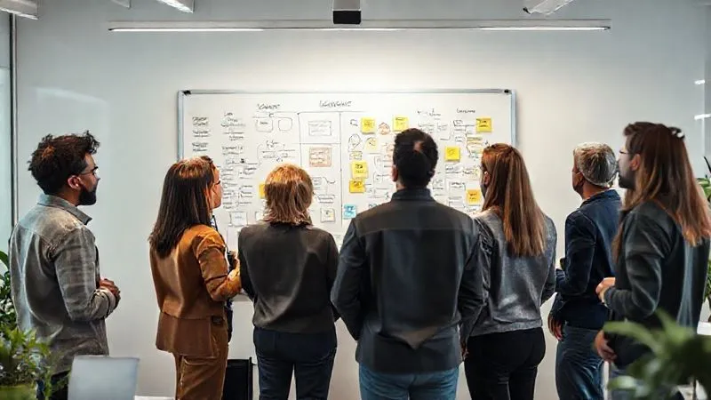 A photorealistic, professional photography, 8K, cinematic lighting, sharp focus, depth of field, shot on a high-end DSLR, a diverse team of professionals in a modern, brightly lit office space, gathered around a whiteboard, actively collaborating and brainstorming ideas, with sticky notes and diagrams representing customer journey maps and feedback, symbolizing a CX-centric culture and internal communication. A photorealistic, professional photography, 8K, cinematic lighting, sharp focus, depth of field, shot on a high-end DSLR, a diverse team of professionals in a modern, brightly lit office space, gathered around a whiteboard, actively collaborating and brainstorming ideas, with sticky notes and diagrams representing customer journey maps and feedback, symbolizing a CX-centric culture and internal communication.