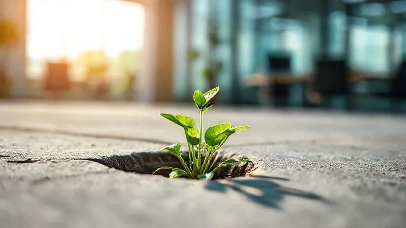A photorealistic, professional photography, 8K, cinematic lighting, sharp focus, depth of field, shot on a high-end DSLR, a vibrant green plant growing vigorously from a small crack in concrete, symbolizing growth, resilience, and thriving with limited resources, under a warm, optimistic sunlight, with a slightly blurred background of a modern but lean office space. A photorealistic, professional photography, 8K, cinematic lighting, sharp focus, depth of field, shot on a high-end DSLR, a vibrant green plant growing vigorously from a small crack in concrete, symbolizing growth, resilience, and thriving with limited resources, under a warm, optimistic sunlight, with a slightly blurred background of a modern but lean office space.