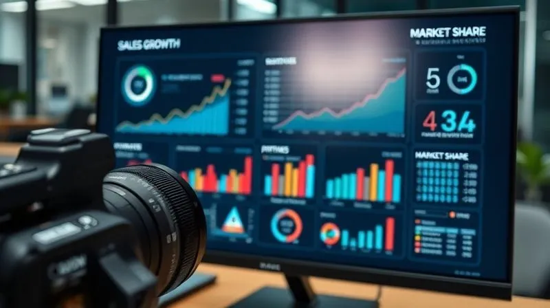photorealistic, professional photography, 8K, cinematic lighting, sharp focus, depth of field, shot on a high-end DSLR, a sophisticated business dashboard displaying various performance metrics like sales growth, partner engagement, and market share, with a clear upward trend in key indicators, presented on a sleek monitor in a modern office environment.