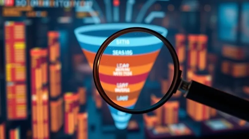 A photorealistic, professional photography, 8K, cinematic lighting, sharp focus, depth of field, shot on a high-end DSLR, of a digital sales funnel glowing with data points, showing a clear bottleneck at one stage, with a magnifying glass hovering over it, emphasizing analysis.