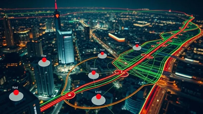 A photorealistic, professional photography, 8K, cinematic lighting, sharp focus, depth of field, shot on a high-end DSLR, of a glowing, complex digital customer journey map overlaid on a city landscape at night, with red lines highlighting specific drop-off points and green lines showing successful paths, symbolizing navigation and identification of bottlenecks.