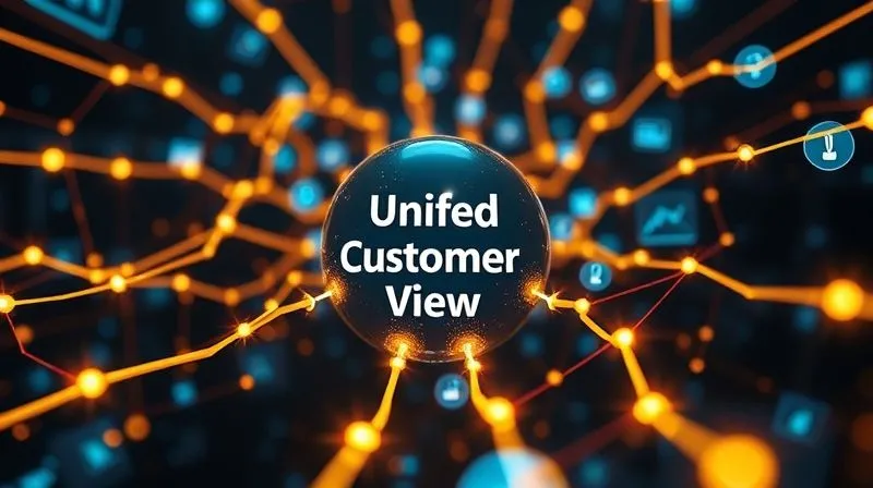 A photorealistic, professional photography, 8K, cinematic lighting, sharp focus, depth of field, shot on a high-end DSLR, of interconnected glowing data pipelines flowing into a central, illuminated sphere labeled 'Unified Customer View,' surrounded by various digital icons representing CRM, marketing, and web analytics, symbolizing seamless data integration.