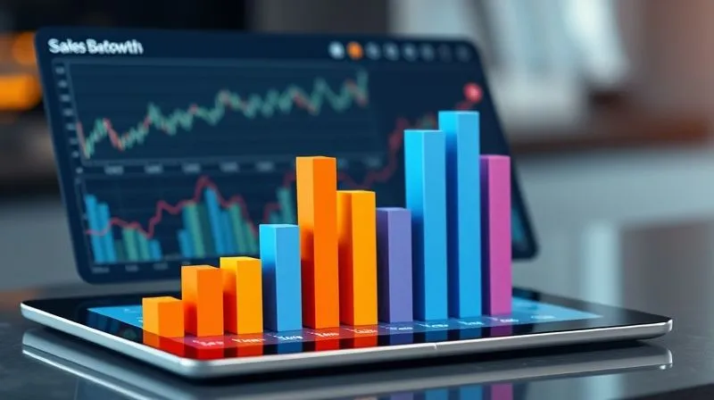 A photorealistic 3D bar chart showing sales growth trends over time, overlaid with lines representing external market indicators like GDP and consumer sentiment, all within a sleek, modern data visualization dashboard on a tablet, cinematic lighting, sharp focus, depth of field, 8K hyper-detailed, professional photography.
