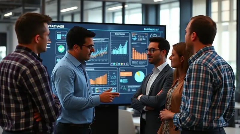A photorealistic image of a diverse business team (sales, marketing, finance, operations) gathered around a large interactive digital display, collaboratively analyzing sales data and market trends, engaged in discussion, cinematic lighting, sharp focus on the team and the screen, depth of field blurring the office background, 8K hyper-detailed, professional photography.
