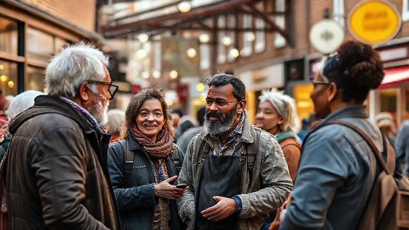 A photorealistic image of a local business owner deeply engaged in conversation with a diverse group of community members in a bustling town square, vibrant and authentic, showing connection and understanding. professional photography, 8K, cinematic lighting, sharp focus, depth of field, shot on a high-end DSLR.